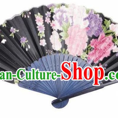 Traditional Chinese Crafts Silk Folding Fan China Sensu Japan Printing Flowers Dance Black Accordion Fan for Women