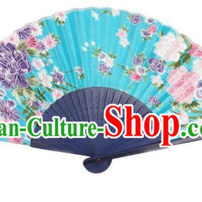 Traditional Chinese Crafts Silk Folding Fan China Sensu Japan Printing Flowers Dance Blue Accordion Fan for Women