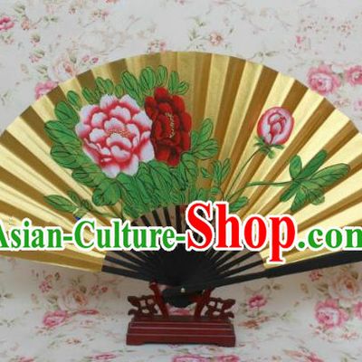 Traditional Chinese Crafts Peking Opera Folding Fan China Sensu Printing Peony Flowers Dance Blue Accordion Fan for Women