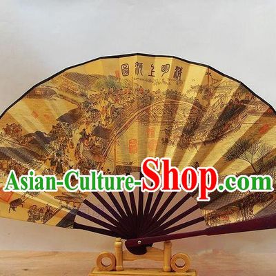 Traditional Chinese Crafts Peking Opera Folding Fan China Sensu Printing Riverside Scene at Qingming Festival Accordion Silk Fan for Men