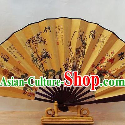 Traditional Chinese Crafts Peking Opera Folding Fan China Sensu Printing Plum Blossom Orchid Bamboo and Chrysanthemum Accordion Silk Fan for Men