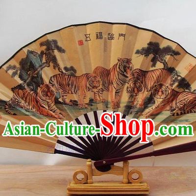 Traditional Chinese Crafts Peking Opera Folding Fan China Sensu Printing Five Tigers Accordion Silk Fan for Men