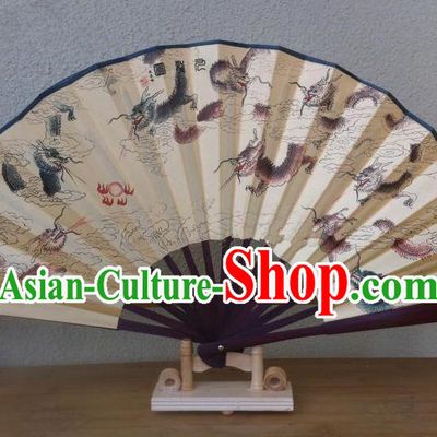 Traditional Chinese Crafts Silk Folding Fan China Sensu Ink Painting Nine Dragons Accordion Fan for Men