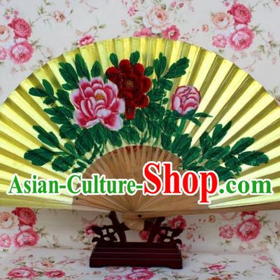 Traditional Chinese Crafts Peking Opera Folding Fan China Sensu Printing Flowers Golden Paint Fan for Women