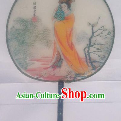 Traditional Chinese Crafts Ancient Palace Lady Dance Round Silk Fan, China Hand Painting Beauty Zhaojun Imperial Concubine Hanfu Circular Fan for Women
