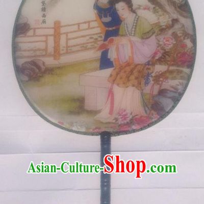 Traditional Chinese Crafts Ancient Palace Lady Dance Round Silk Fan, China Hand Painting A Dream in Red Mansions Imperial Concubine Hanfu Circular Fan for Women