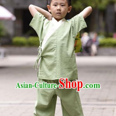 Traditional Chinese Han Dynasty Children Hanfu Kungfu Costume, China Ancient Martial Arts Green Clothing for Kids