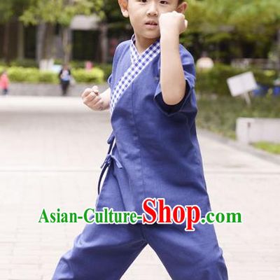 Traditional Chinese Han Dynasty Children Hanfu Kungfu Costume, China Ancient Martial Arts Deep Blue Clothing for Kids