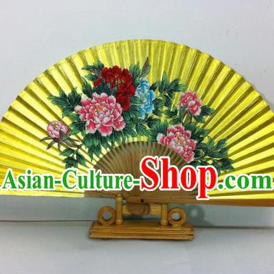 Traditional Chinese Crafts Peking Opera Folding Fan China Sensu Hand Painting Peony Chinese Xuan Paper Golden Paint Fan for Women