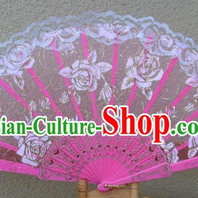 Traditional Chinese Crafts Peking Opera Folding Fan China Sensu Handmade Rose Chinese Dance Pink Lace Fan for Women