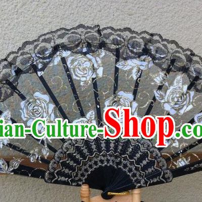 Traditional Chinese Crafts Peking Opera Folding Fan China Sensu Handmade Rose Chinese Dance Black Lace Fan for Women