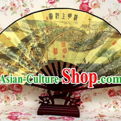 Traditional Chinese Crafts Peking Opera Folding Fan China Sensu Handmade Chinese Ink Painting Riverside Scene at Qingming Festival Silk Fan for Men