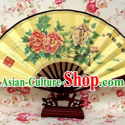 Traditional Chinese Crafts Peking Opera Folding Fan China Sensu Handmade Chinese Ink Painting Rich Peony Silk Fan for Men