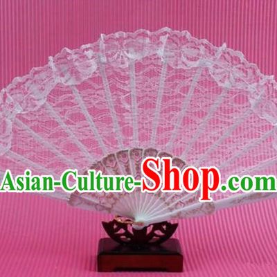 Traditional Chinese Crafts Peking Opera Folding Fan China Sensu Handmade Chinese Dance White Lace Fan for Women