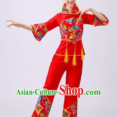 Traditional Chinese Classical Dance Yangge Fan Dance Costume, Folk Dance Drum Dance Clothing Yangko Red Uniform for Women