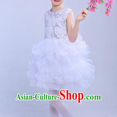 Top Grade Chinese Compere Professional Performance Catwalks Costume, Children Princess Bubble White Full Dress Modern Dance Dress for Girls Kids