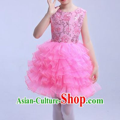Top Grade Chinese Compere Professional Performance Catwalks Costume, Children Princess Bubble Pink Full Dress Modern Dance Dress for Girls Kids
