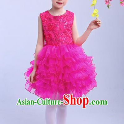 Top Grade Chinese Compere Professional Performance Catwalks Costume, Children Princess Bubble Rosy Full Dress Modern Dance Dress for Girls Kids