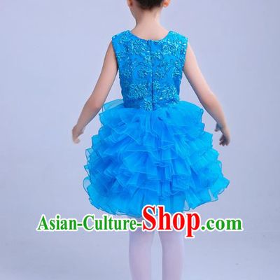 Top Grade Chinese Compere Professional Performance Catwalks Costume, Children Princess Bubble Blue Full Dress Modern Dance Dress for Girls Kids
