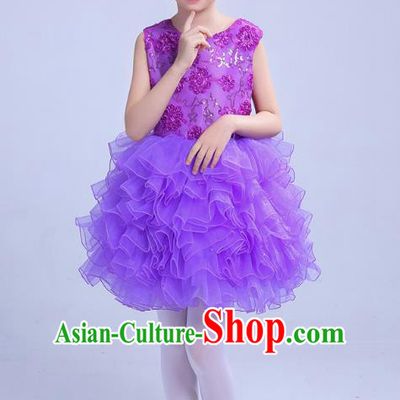 Top Grade Chinese Compere Professional Performance Catwalks Costume, Children Princess Bubble Purple Full Dress Modern Dance Dress for Girls Kids