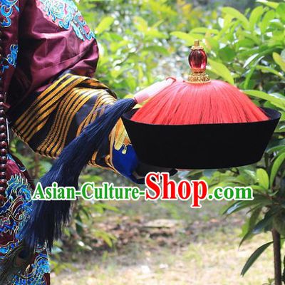 Traditional China Beijing Opera Officer Minister Hat, Ancient Chinese Peking Opera Qing Dynasty Manchu Eunuch Headwear