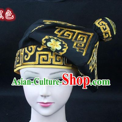 Traditional China Beijing Opera Takefu Hat, Ancient Chinese Peking Opera Martial Arts Men Headwear Embroidery Black Kerchief