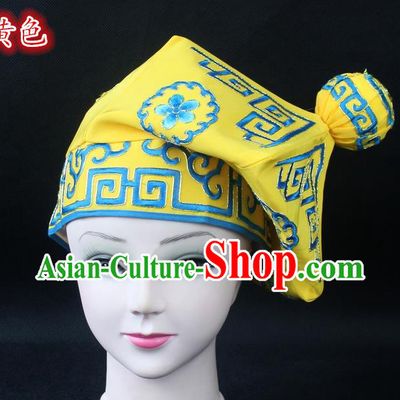 Traditional China Beijing Opera Takefu Hat, Ancient Chinese Peking Opera Martial Arts Men Headwear Embroidery Yellow Kerchief