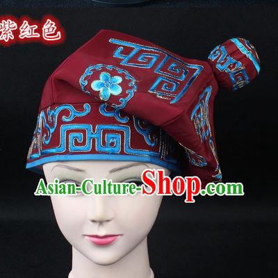 Traditional China Beijing Opera Takefu Hat, Ancient Chinese Peking Opera Martial Arts Men Headwear Embroidery Purplish Red Kerchief