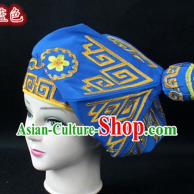 Traditional China Beijing Opera Takefu Hat, Ancient Chinese Peking Opera Martial Arts Men Headwear Embroidery Blue Kerchief