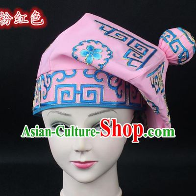Traditional China Beijing Opera Takefu Hat, Ancient Chinese Peking Opera Martial Arts Men Headwear Embroidery Pink Kerchief