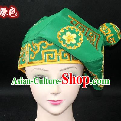 Traditional China Beijing Opera Takefu Hat, Ancient Chinese Peking Opera Martial Arts Men Headwear Embroidery Green Kerchief