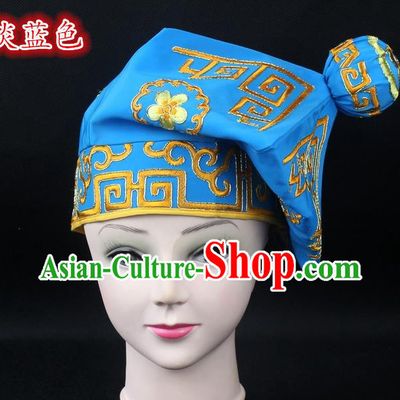 Traditional China Beijing Opera Takefu Hat, Ancient Chinese Peking Opera Martial Arts Men Headwear Embroidery Light Blue Kerchief