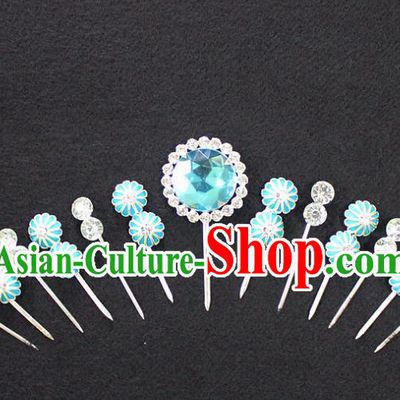 Traditional China Beijing Opera Young Lady Hair Accessories Complete Set, Ancient Chinese Peking Opera Hua Tan Headwear Diva Blue Crystal Hairpins