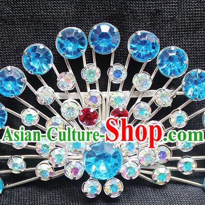 Traditional China Beijing Opera Young Lady Jewelry Accessories Collar Brooch, Ancient Chinese Peking Opera Hua Tan Diva Blue Crystal Fanshaped Breastpin