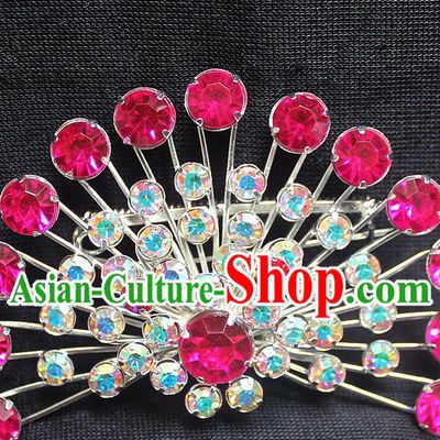 Traditional China Beijing Opera Young Lady Jewelry Accessories Collar Brooch, Ancient Chinese Peking Opera Hua Tan Diva Rosy Crystal Fanshaped Breastpin