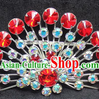 Traditional China Beijing Opera Young Lady Jewelry Accessories Collar Brooch, Ancient Chinese Peking Opera Hua Tan Diva Colorful Red Crystal Fanshaped Breastpin