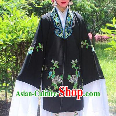 Traditional China Beijing Opera Young Lady Hua Tan Costume Embroidered Black Cape, Ancient Chinese Peking Opera Female Diva Embroidery Dress Clothing