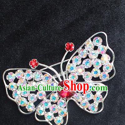 Traditional China Beijing Opera Young Lady Jewelry Accessories Collar Brooch, Ancient Chinese Peking Opera Hua Tan Diva Colorful Red Crystal Butterfly Breastpin