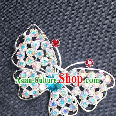 Traditional China Beijing Opera Young Lady Jewelry Accessories Collar Brooch, Ancient Chinese Peking Opera Hua Tan Diva Colorful Blue Crystal Butterfly Breastpin
