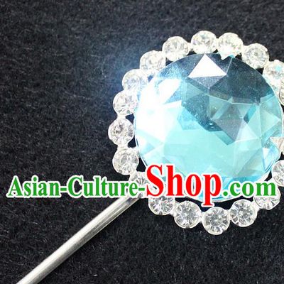 Traditional China Beijing Opera Young Lady Hair Accessories Blue Crystal Hairpin, Ancient Chinese Peking Opera Hua Tan Headwear Diva Hairpins