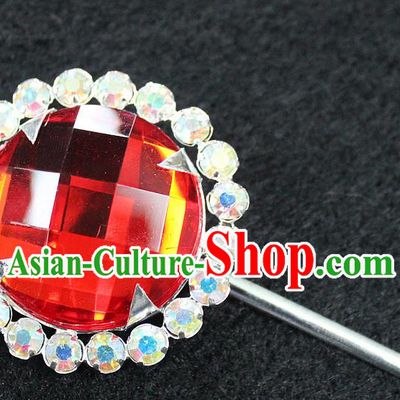 Traditional China Beijing Opera Young Lady Hair Accessories Red Crystal Hairpin, Ancient Chinese Peking Opera Hua Tan Headwear Diva Hairpins