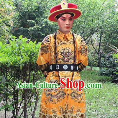 Traditional China Beijing Opera Costume Qing Dynasty Emperor Embroidered Robe and Headwear, Ancient Chinese Peking Opera Embroidery Dragon Gwanbok Clothing
