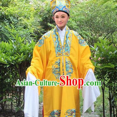 Traditional China Beijing Opera Costume Emperor Embroidered Robe and Headwear Complete Set, Ancient Chinese Peking Opera Embroidery Dragon Gwanbok Clothing