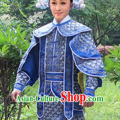 Traditional China Beijing Opera Costume Yang Warrior Robe and Headwear Complete Set, Ancient Chinese Peking Opera Soldier Blue Gwanbok Clothing
