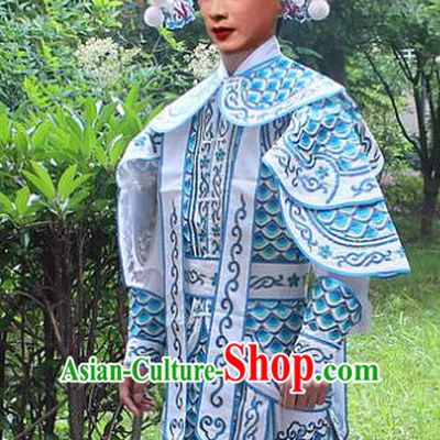 Traditional China Beijing Opera Costume Yang Warrior Robe and Headwear Complete Set, Ancient Chinese Peking Opera Soldier Light Blue Gwanbok Clothing
