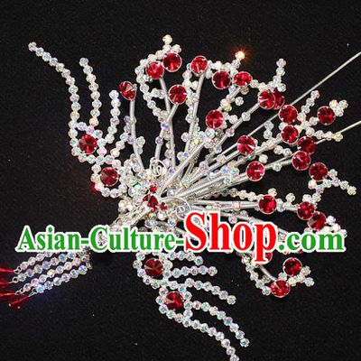 Traditional China Beijing Opera Young Lady Hair Accessories Phoenix Step Shake, Ancient Chinese Peking Opera Hua Tan Headwear Diva Red Crystal Empress Hairpins