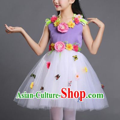 Top Grade Chinese Compere Professional Performance Catwalks Costume, Children Princess Bubble Veil Full Dress Modern Dance Purple Dress for Girls Kids