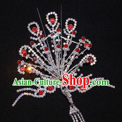 Traditional China Beijing Opera Young Lady Hair Accessories Phoenix Tassel Step Shake, Ancient Chinese Peking Opera Hua Tan Headwear Diva Red Crystal Empress Hairpins