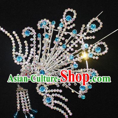 Traditional China Beijing Opera Young Lady Hair Accessories Phoenix Tassel Step Shake, Ancient Chinese Peking Opera Hua Tan Headwear Diva Blue Crystal Empress Hairpins
