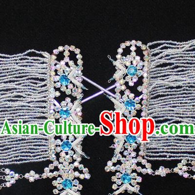Traditional China Beijing Opera Young Lady Hair Accessories Temples Tassel Step Shake, Ancient Chinese Peking Opera Hua Tan Headwear Diva Blue Crystal Empress Hairpins